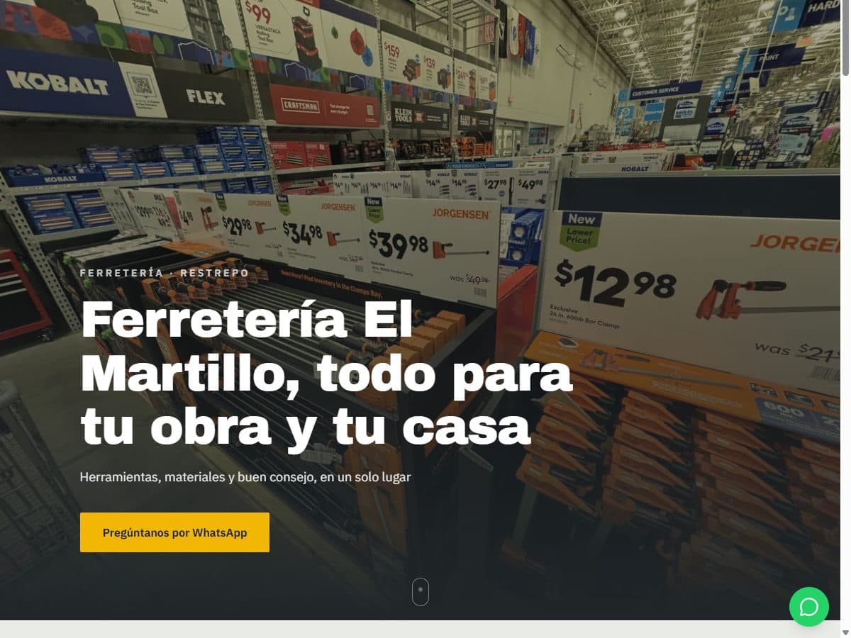 Página web real de Ferretería El Martillo, abierta en el navegador
